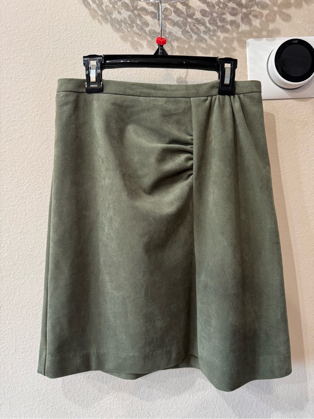 Anthropologie Olive Green Faux Suede A-Line Skirt Ruched Knee Length Size 2 NWT